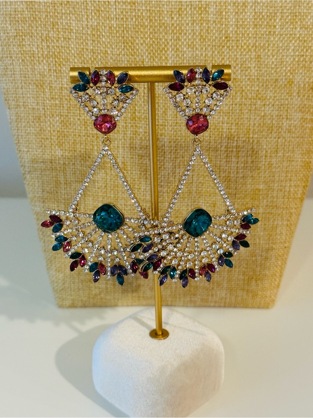 Fashion Jewelry Gold-Tone Fan Drop Earrings with Emerald & Ruby Stones